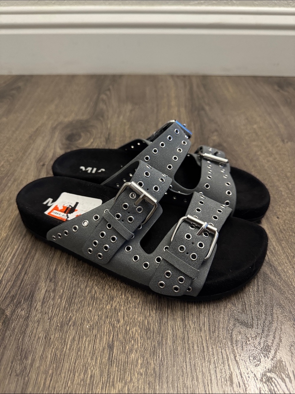 MIA Studded Dual-Buckle Slide Sandals in Gray and Black